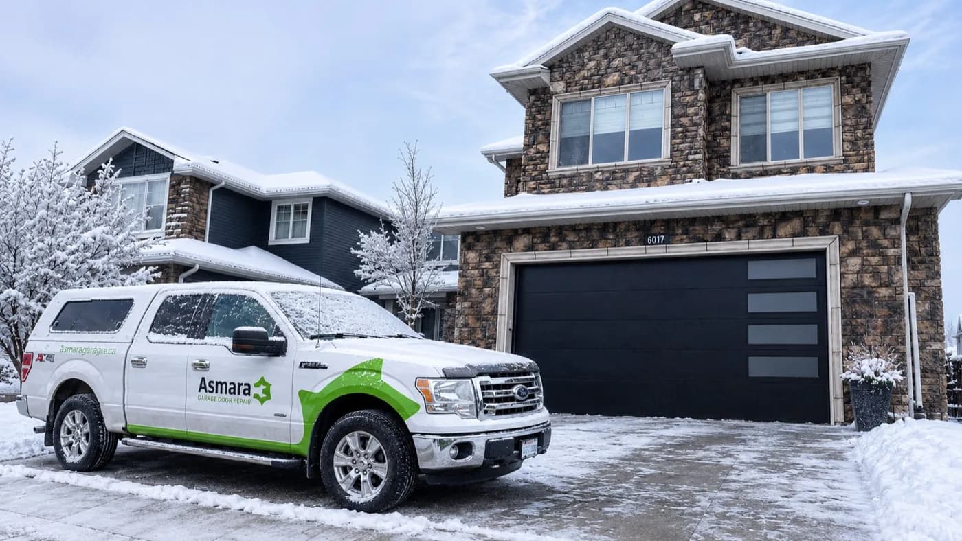 Asmara Garage Door Repair truck parked at an Edmonton home in winter