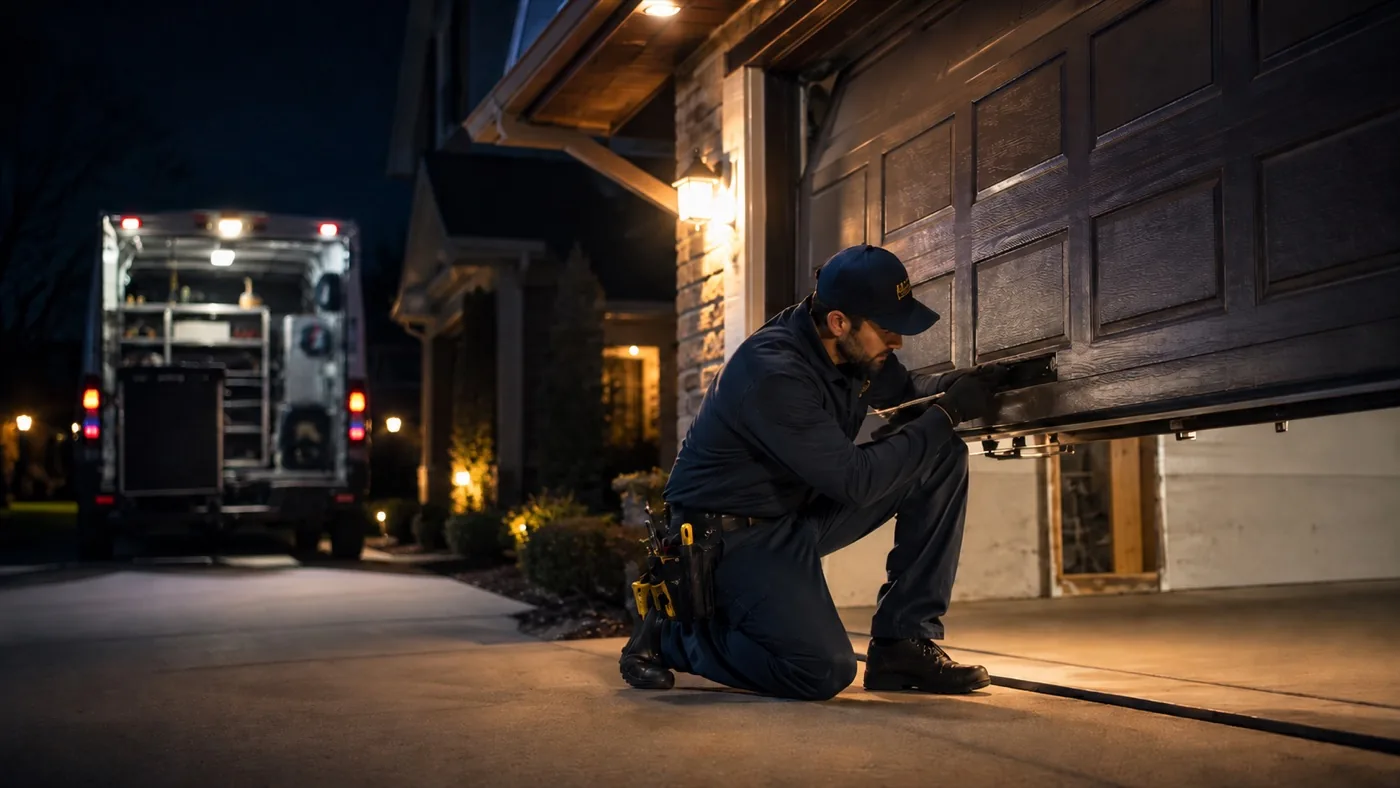 Emergency garage door repair at night in Edmonton