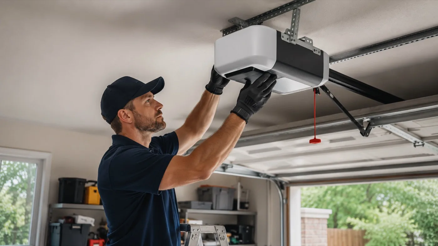 Technician repairing a garage door opener in Edmonton