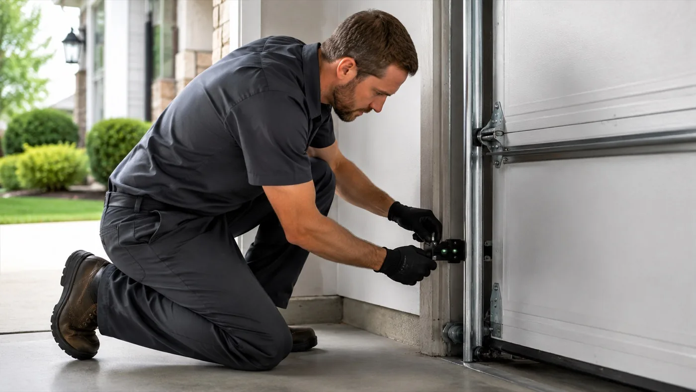 Technician aligning garage door safety sensors in Edmonton
