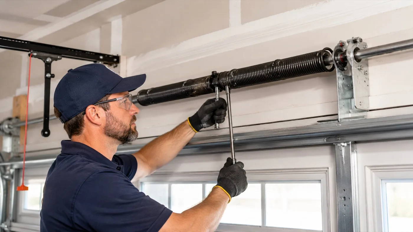 Technician doing a garage door spring replacement in Edmonton